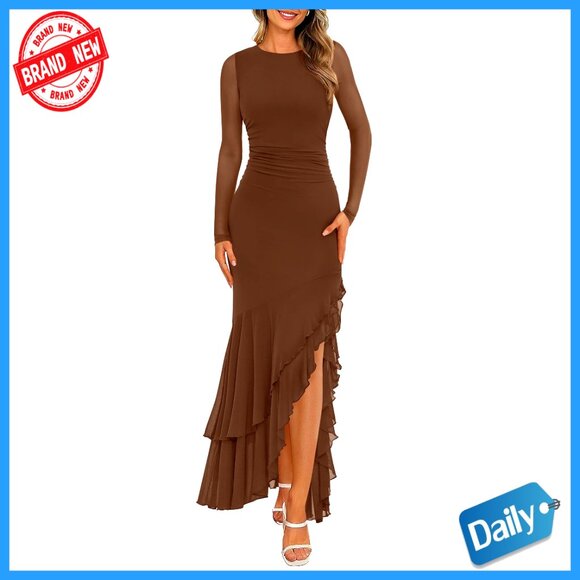 Long Sleeve Ruched Maxi Cocktail Dress Mermaid Ruffle Wedding Guest